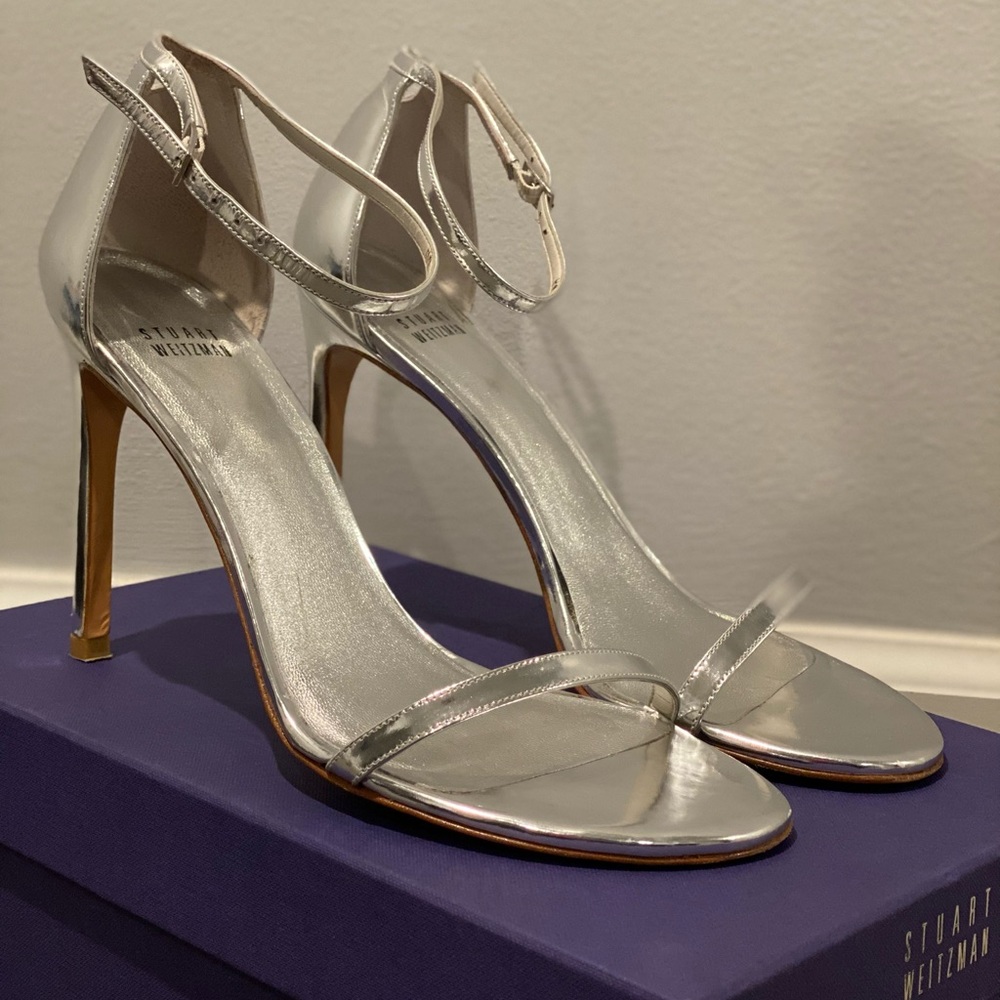 Stuart Weitzman Nudistsong Silver Sandal Heel